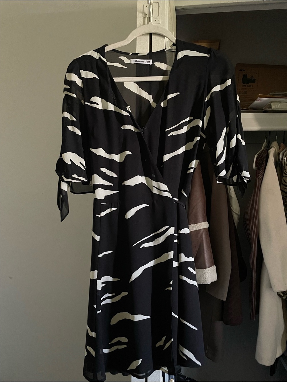Reformation Black and White Wrap-Style Midi Dress